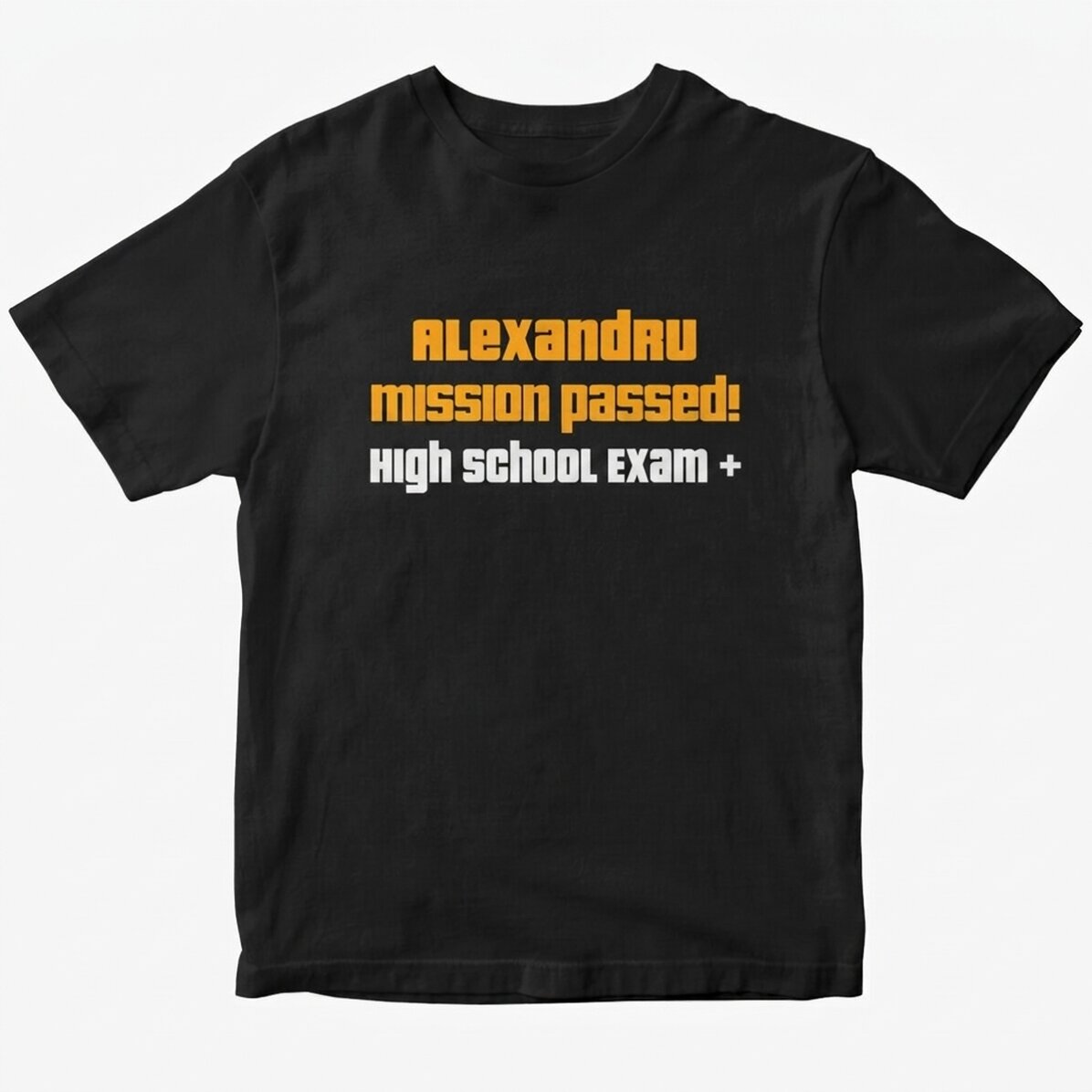 Personalisiertes Baumwoll-T-Shirt mit Aufdruck – „Mission passed“