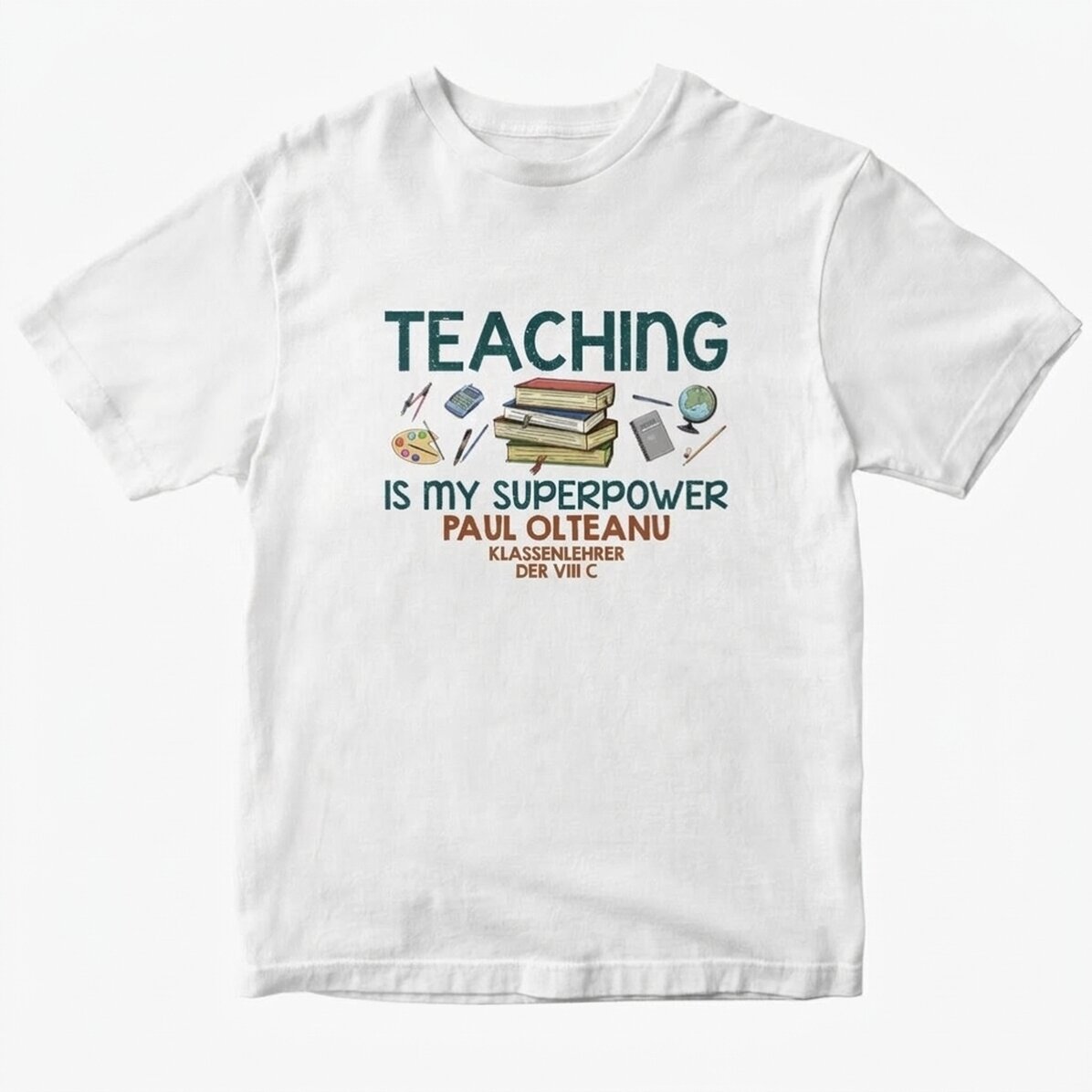 Personalisiertes Baumwoll-T-Shirt mit Aufdruck – „Teaching is my superpower“