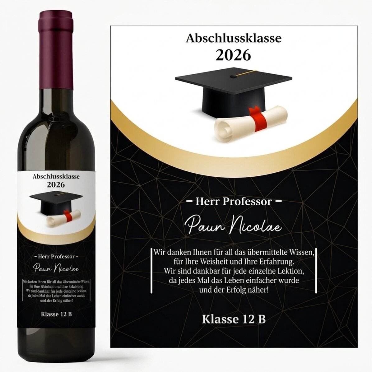 Personalisierter Wein mit einer Botschaft für den Lehrer – Dankbarkeit