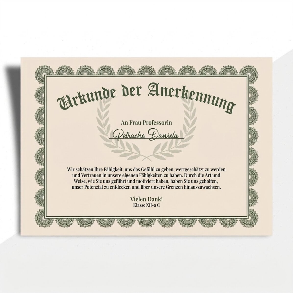 Individuell gestaltete Urkunde – Anerkennungsurkunde