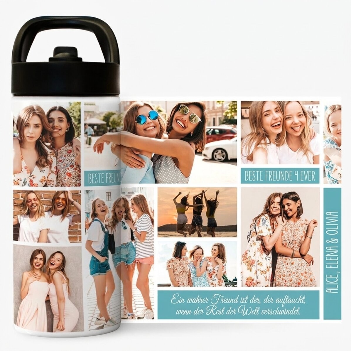 Thermoskanne mit Griff und personalisiertem Strohhalm mit Fotocollage und Text
