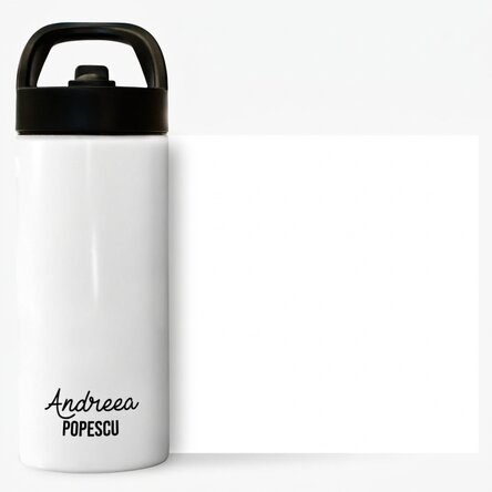 Thermoskanne mit Griff und personalisiertem Strohhalm mit 2 Zeilen Text
