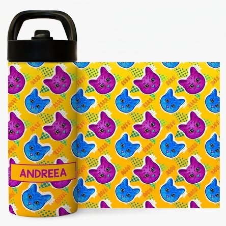 Thermosflasche mit Griff und personalisiertem Strohhalm – Bunte Kätzchen