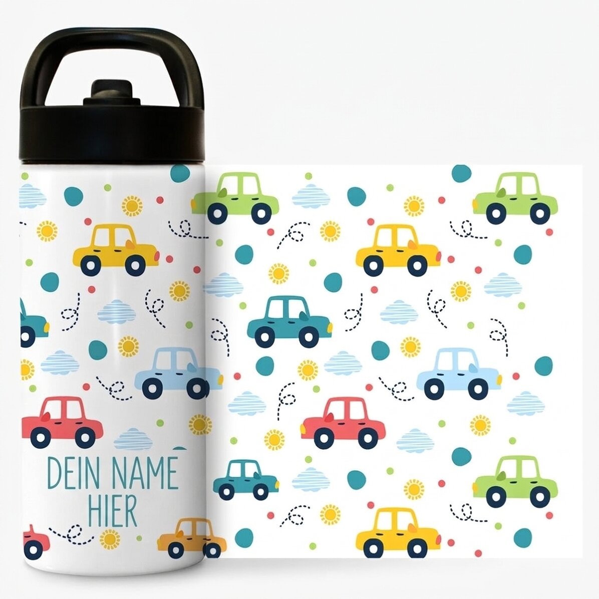 Thermosflasche mit Griff und personalisiertem Strohhalm mit Namen – Spielzeugautos