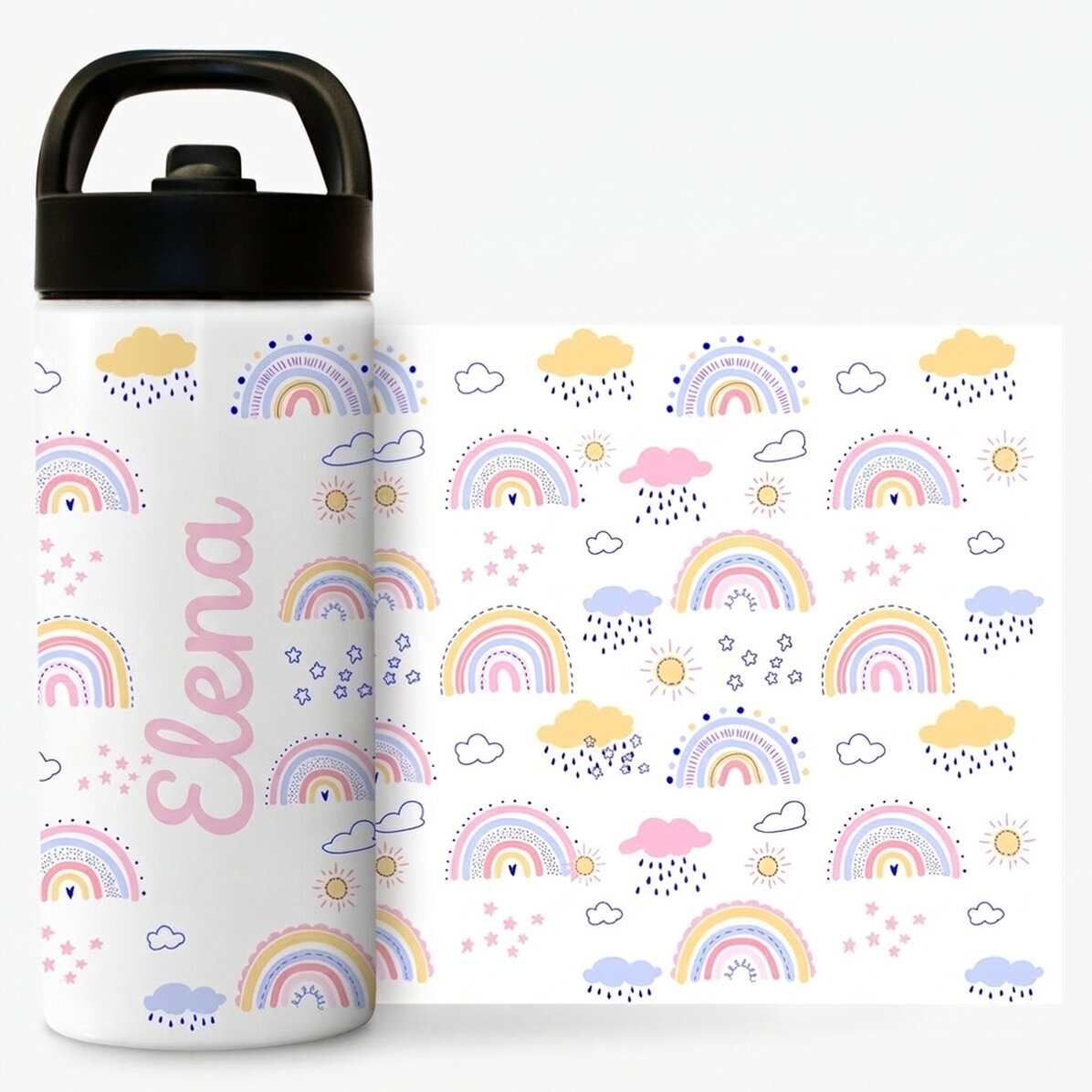 Thermosflasche mit Griff und personalisiertem Strohhalm mit Namen – Regenbogen