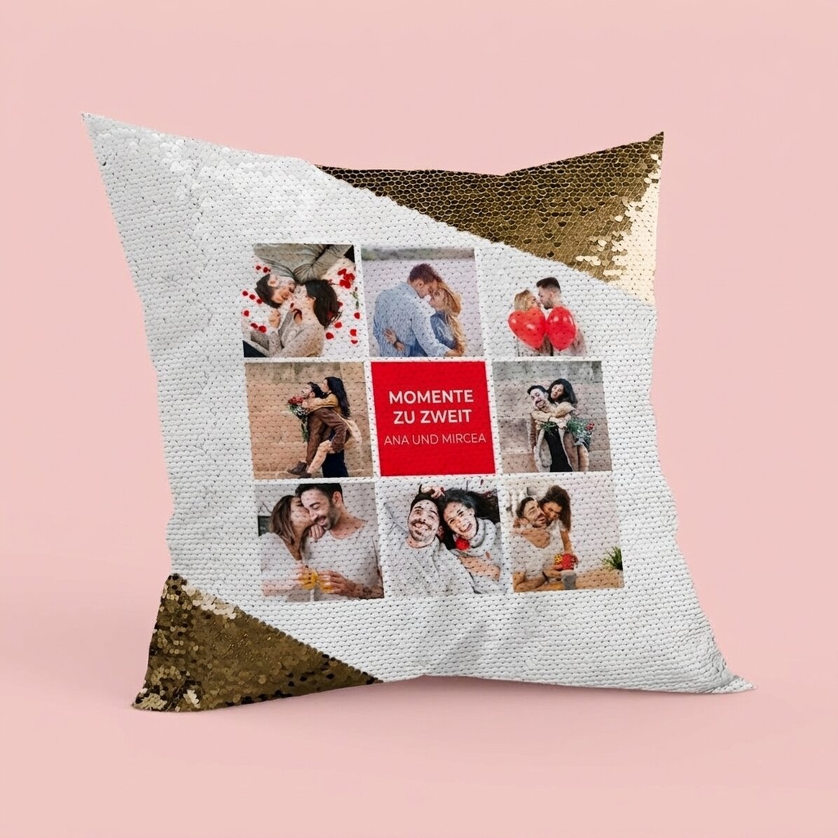 Personalisiertes Kissen mit 8 Fotos und Text – Goldene Pailletten