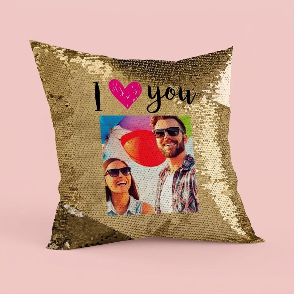 Personalisiertes Kissen mit Foto – „I love you“ – goldene Pailletten