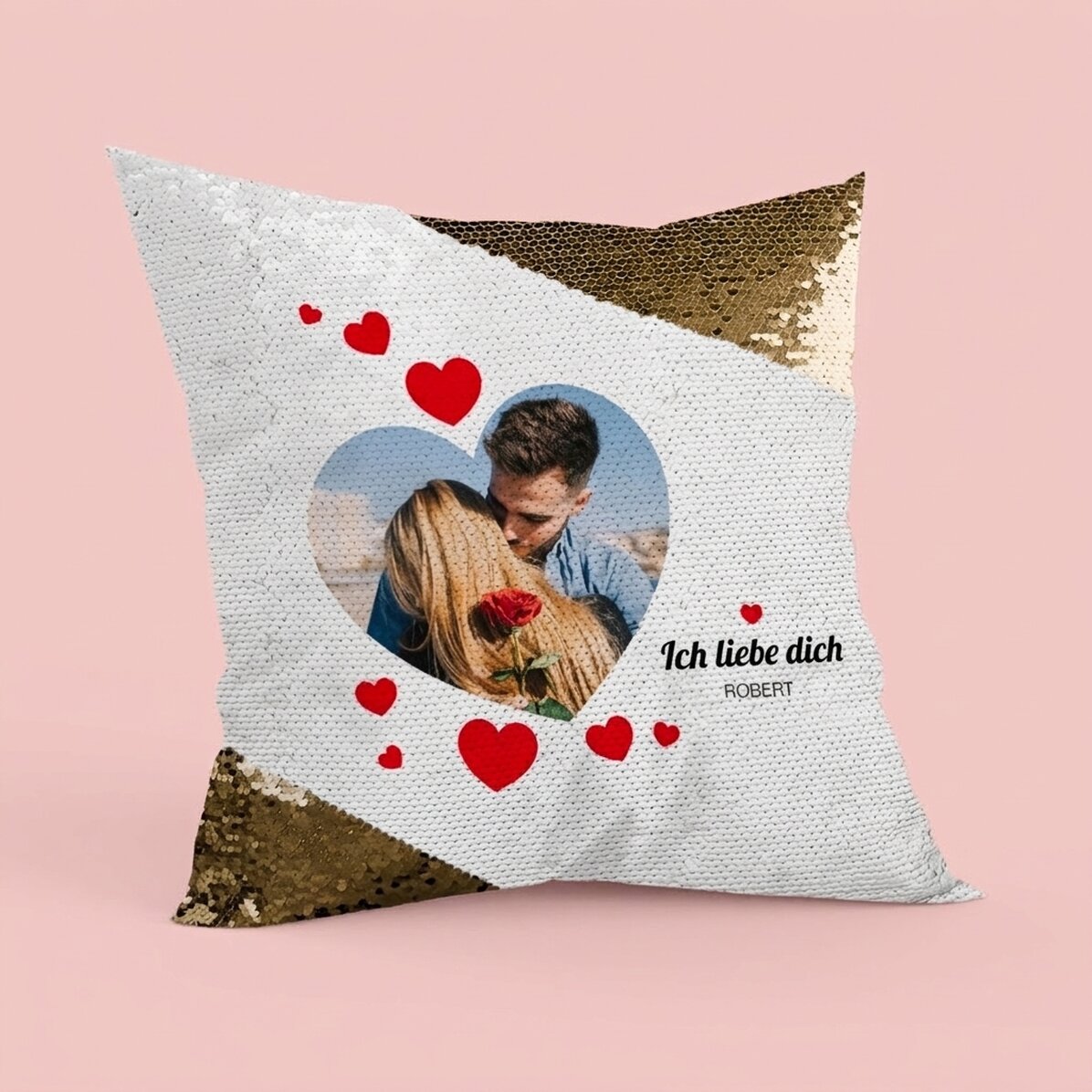 Personalisiertes Kissen mit Foto – P.S. I love you – Goldene Pailletten