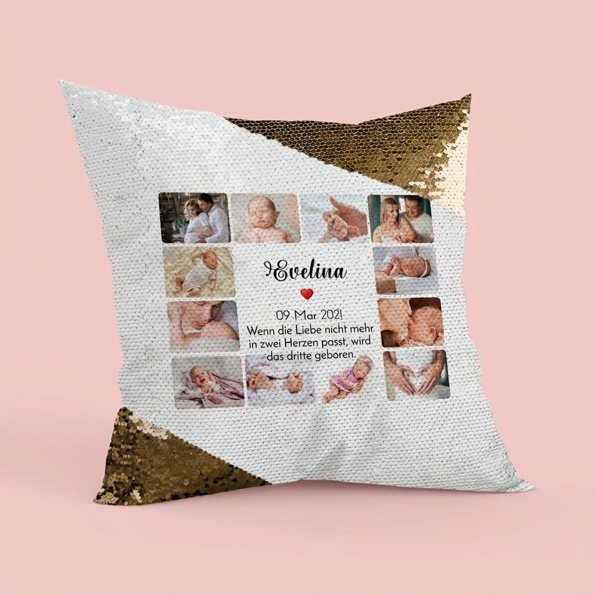 Personalisiertes Kissen mit 12 Fotos und Text – Baby mit goldenen Pailletten
