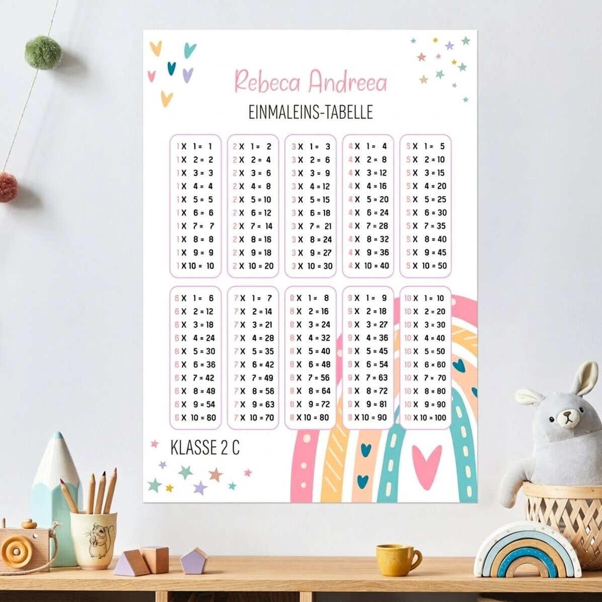Individuell gestaltetes Poster mit Namen und Multiplikationstabelle – Regenbogen
