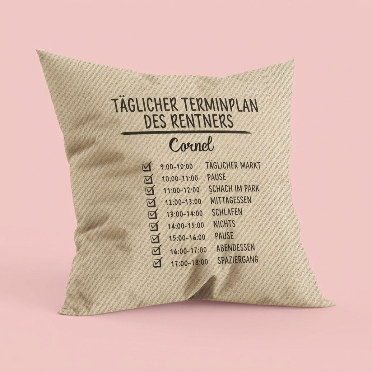 Personalisiertes Kissen mit Text – Tagesplan – In