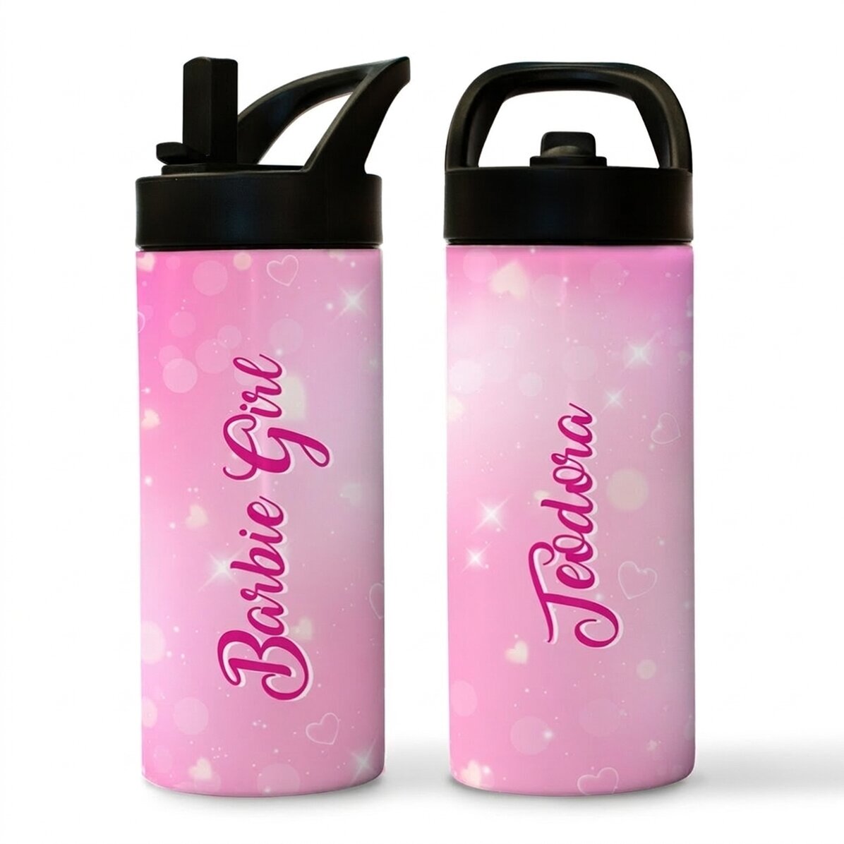 Thermoskanne mit Griff und personalisiertem Strohhalm mit Namen – Barbie