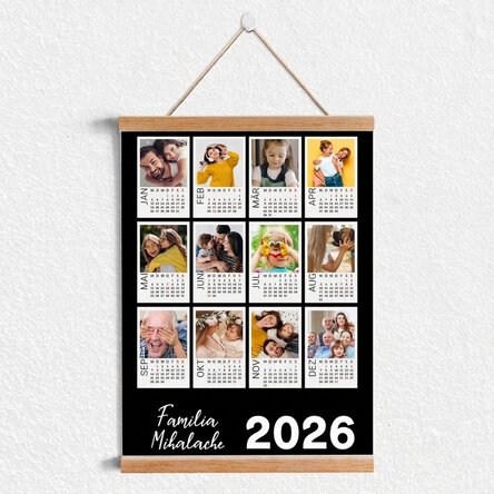 Personalisiertes Kalenderposter mit Aufhänger, 12 Polaroid-Fotos und farbigem Hintergrund