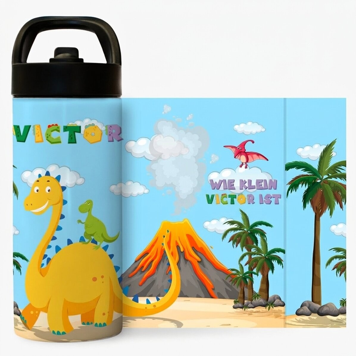 Thermosflasche mit Griff und personalisiertem Strohhalm für Kinder – Dino