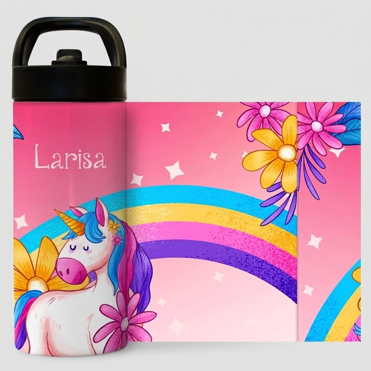 Thermosflasche mit Griff und personalisiertem Strohhalm für Kinder – Einhorn
