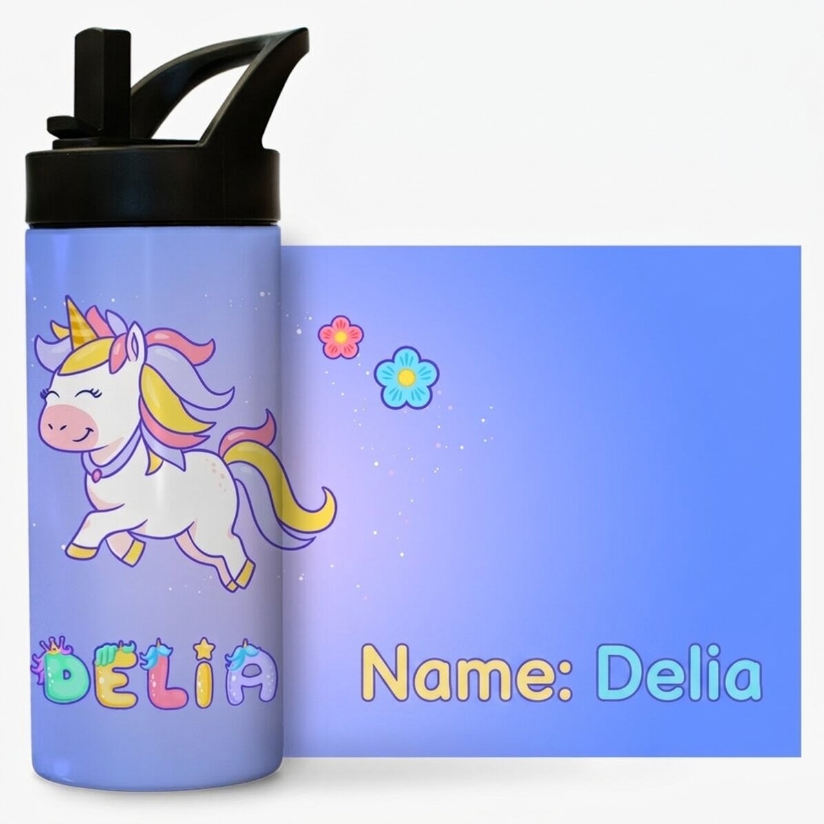 Thermosflasche mit Griff und personalisiertem Strohhalm mit Namen – Einhorn