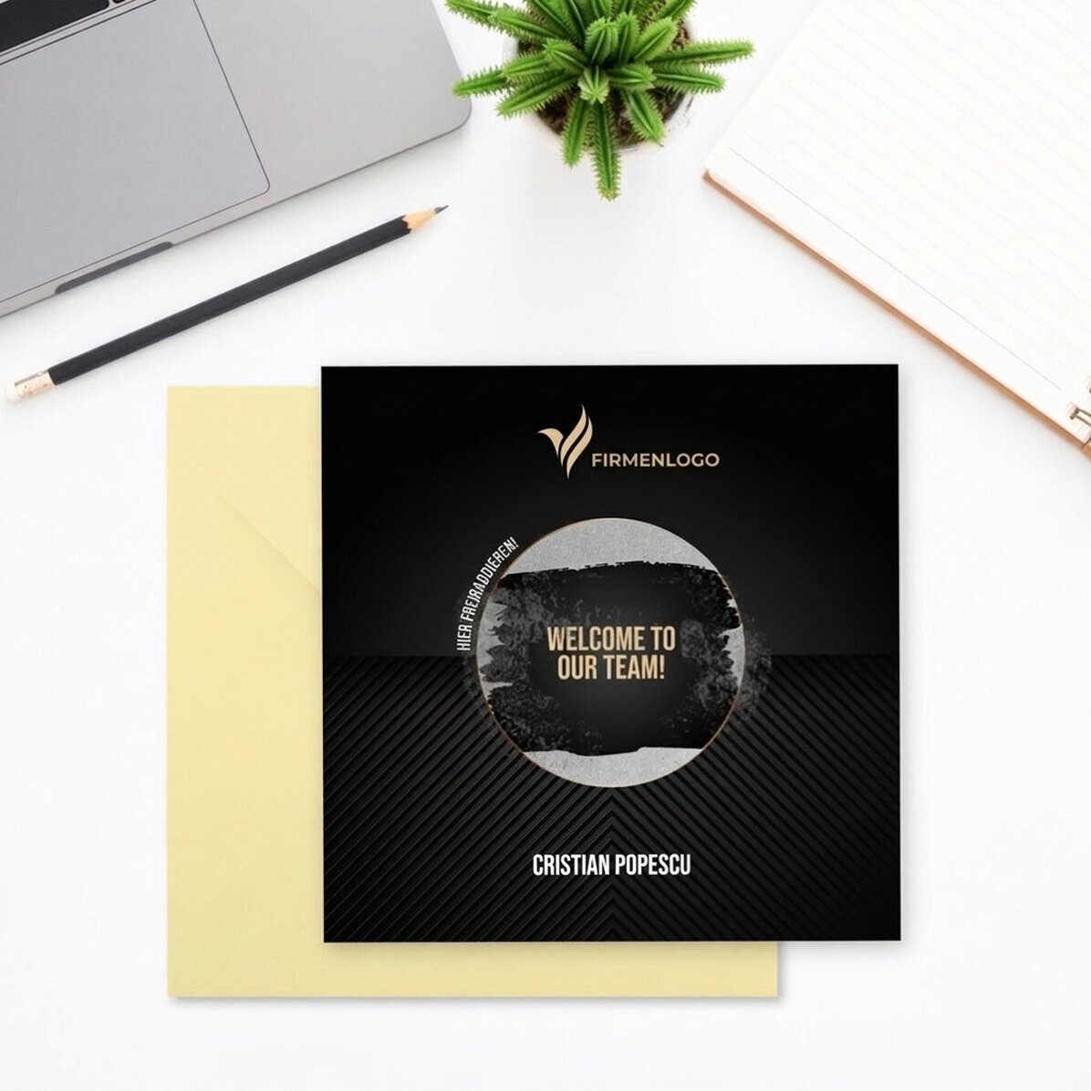 Individuell gestaltete Rubbelkarte mit Logo und Text – Welcome