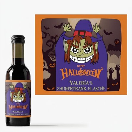 Personalisierte Mini-Weinflasche mit Aufdruck – Happy Halloween Witch
