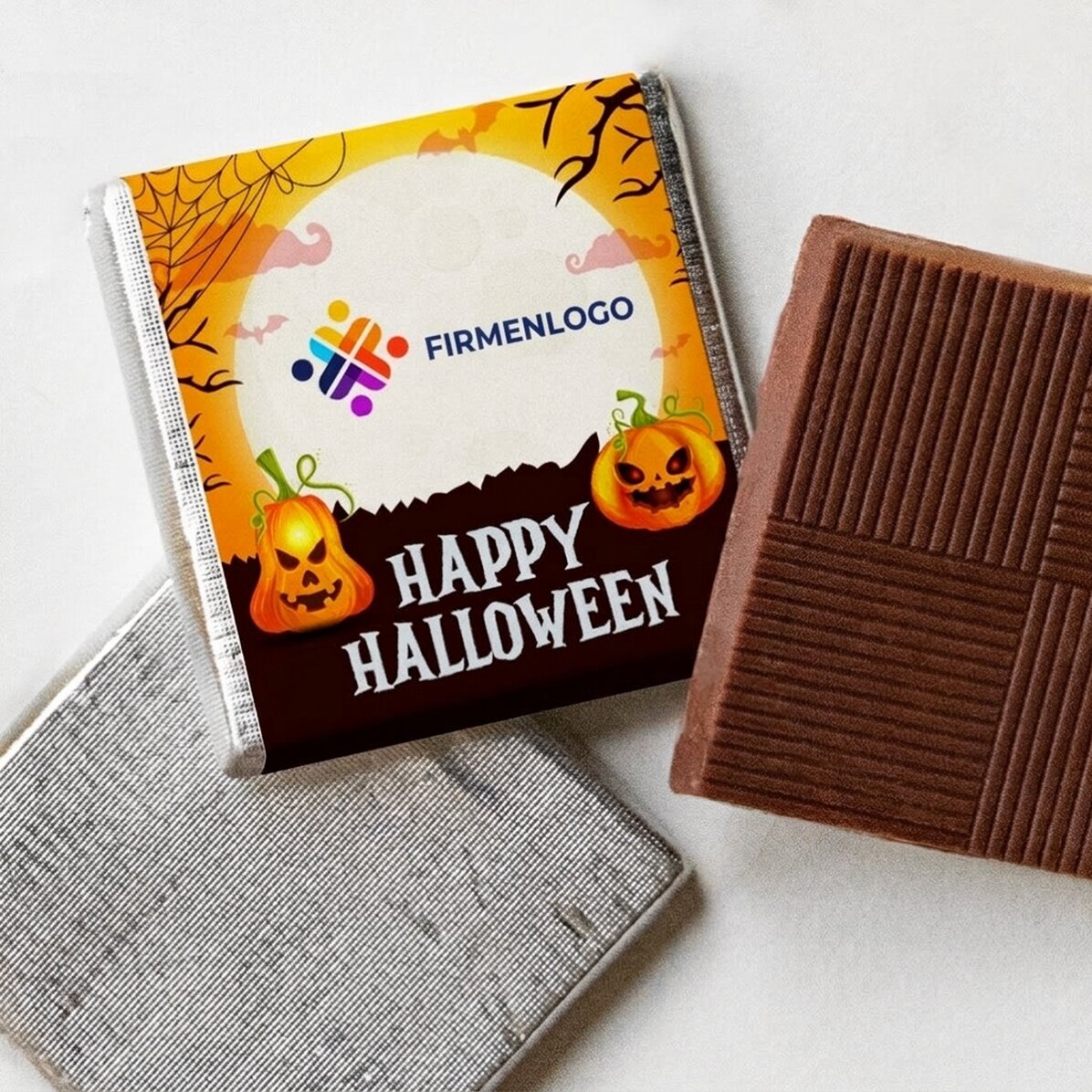 Personalisierte Mini-Schokolade mit Logo und Botschaft – Happy Halloween