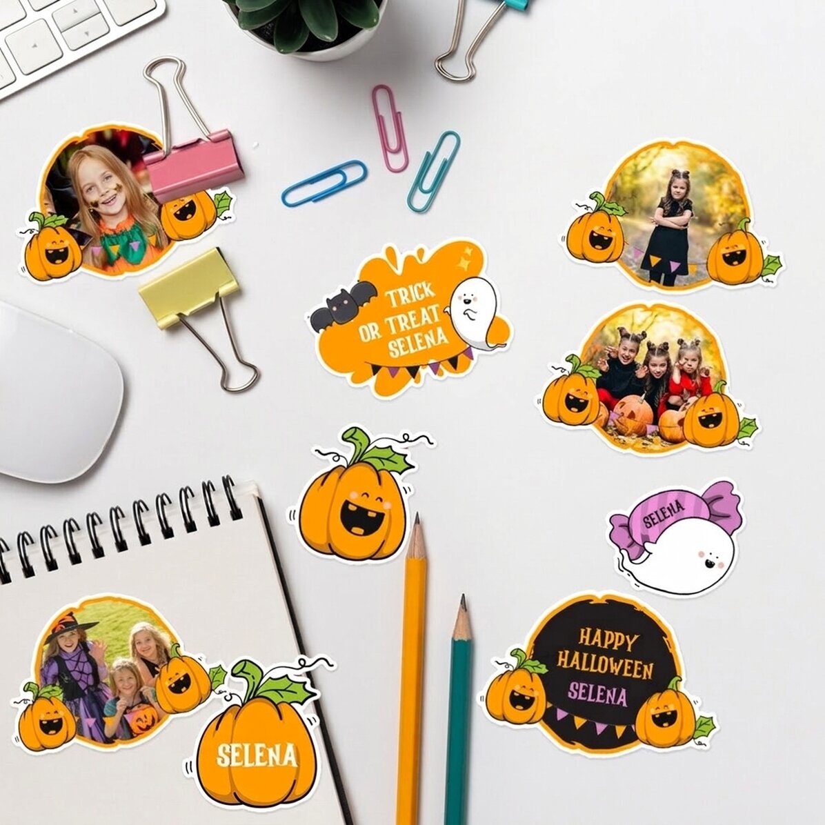 Set mit individuell gestalteten Aufklebern (selbstklebende Etiketten) mit Bildern und Text – Hallowe