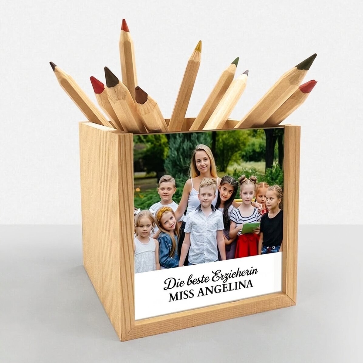 Individuell gestalteter Stifthalter mit Foto und Botschaft