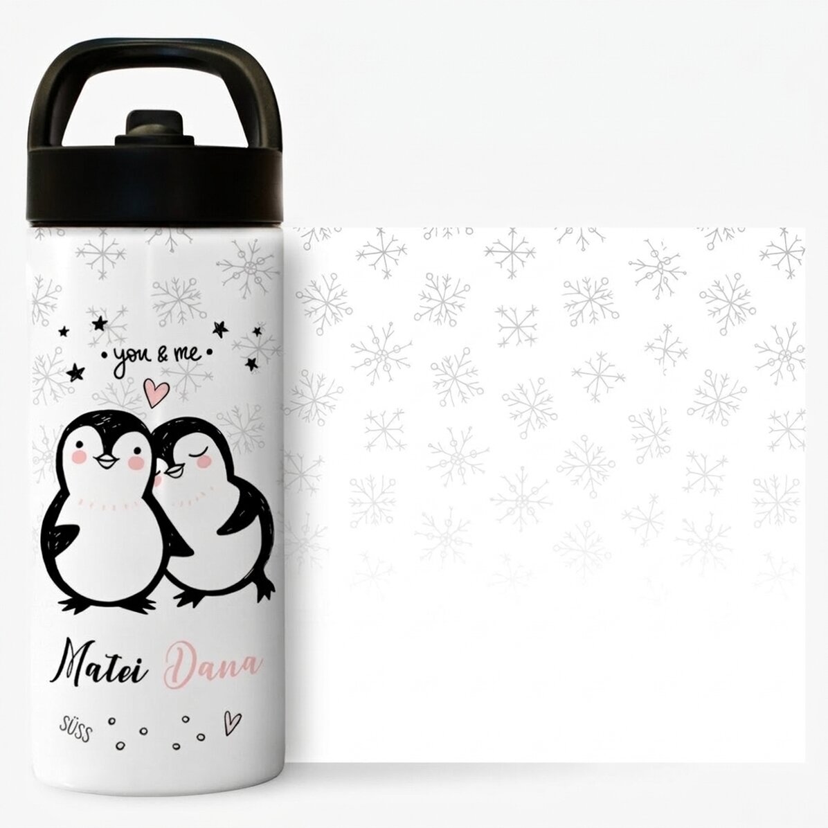 Thermoskanne mit Griff und personalisiertem Strohhalm mit Text – You & Me