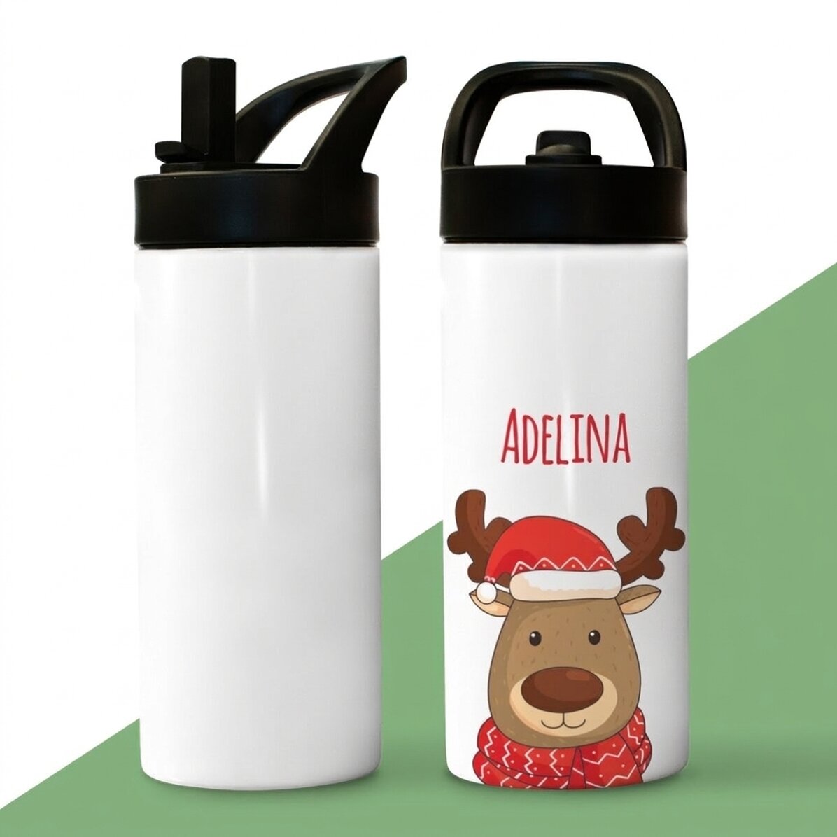 Thermoskanne mit Griff und personalisiertem Strohhalm mit Text – Ren
