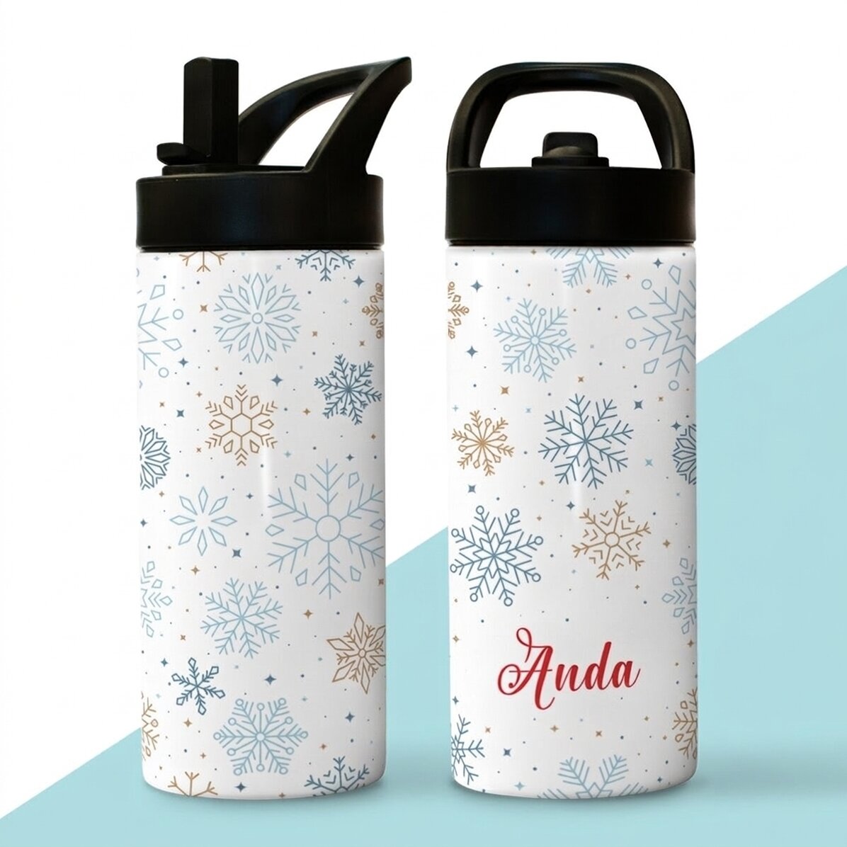 Thermosflasche mit Griff und personalisiertem Strohhalm mit Namen – Schneeflocken