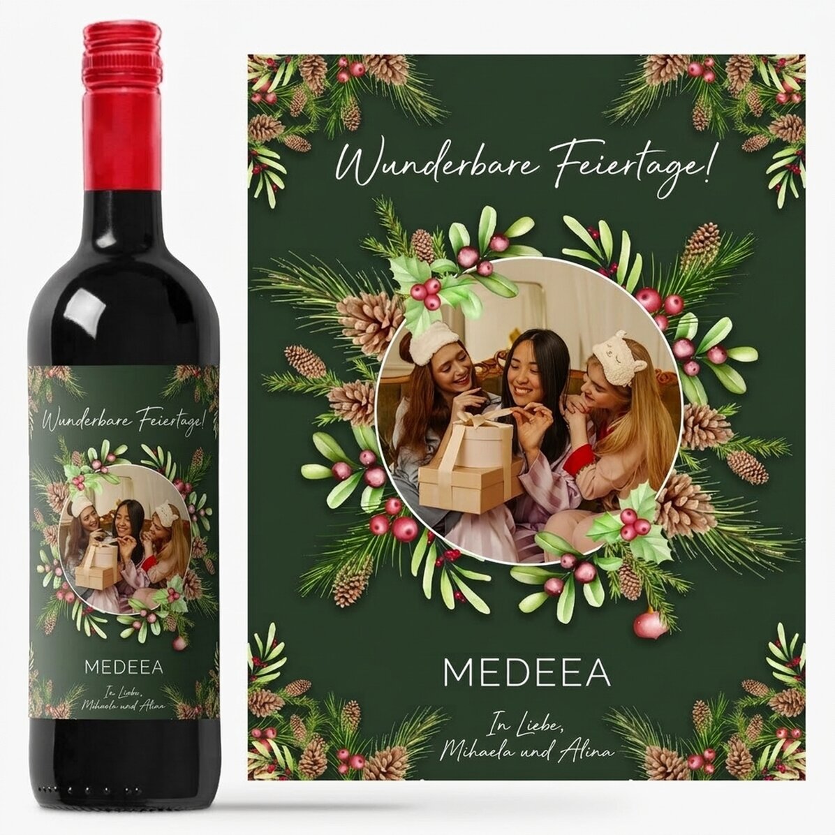 Personalisierter Wein mit Foto und Botschaft – Weihnachtsdekoration
