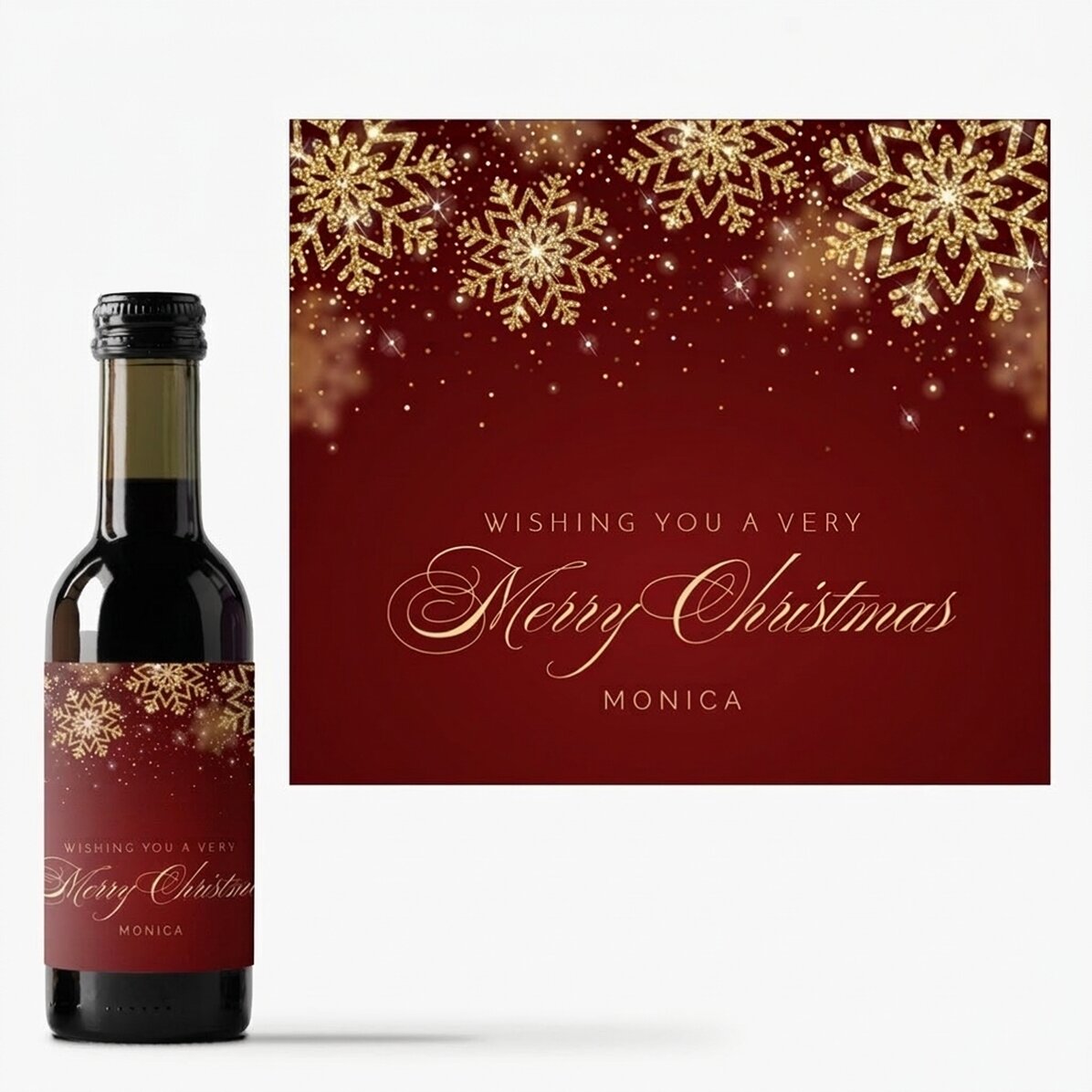 Personalisierte Mini-Weinflasche mit Text – Golden Snowflakes
