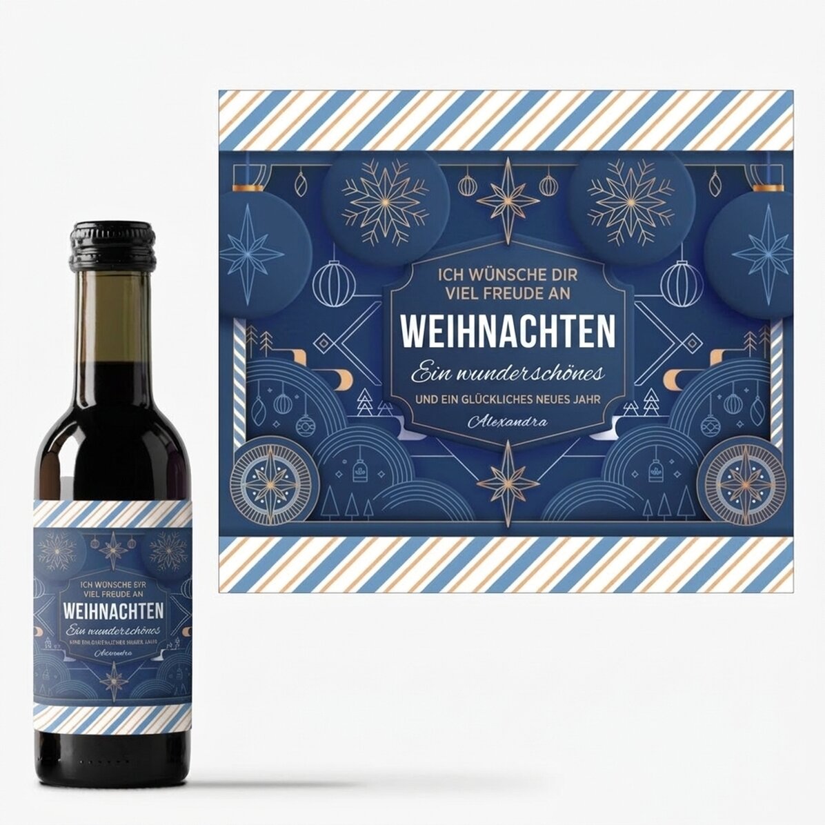 Personalisierte Mini-Weinflasche mit Text – Blue Christmas