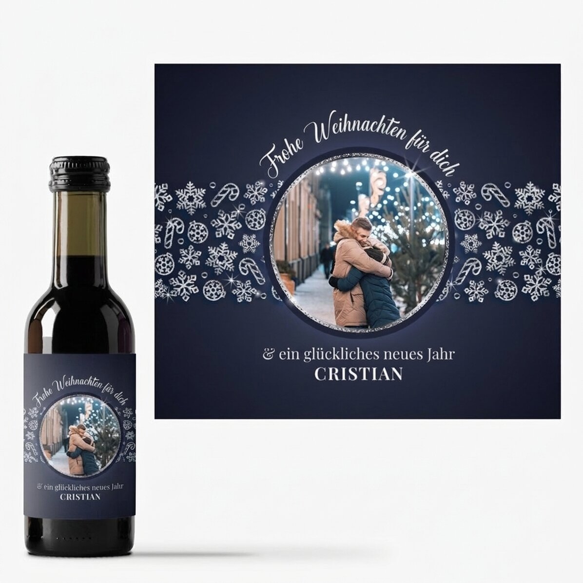 Personalisierte Mini-Weinflasche mit Foto und Text – Shiny Snowflakes