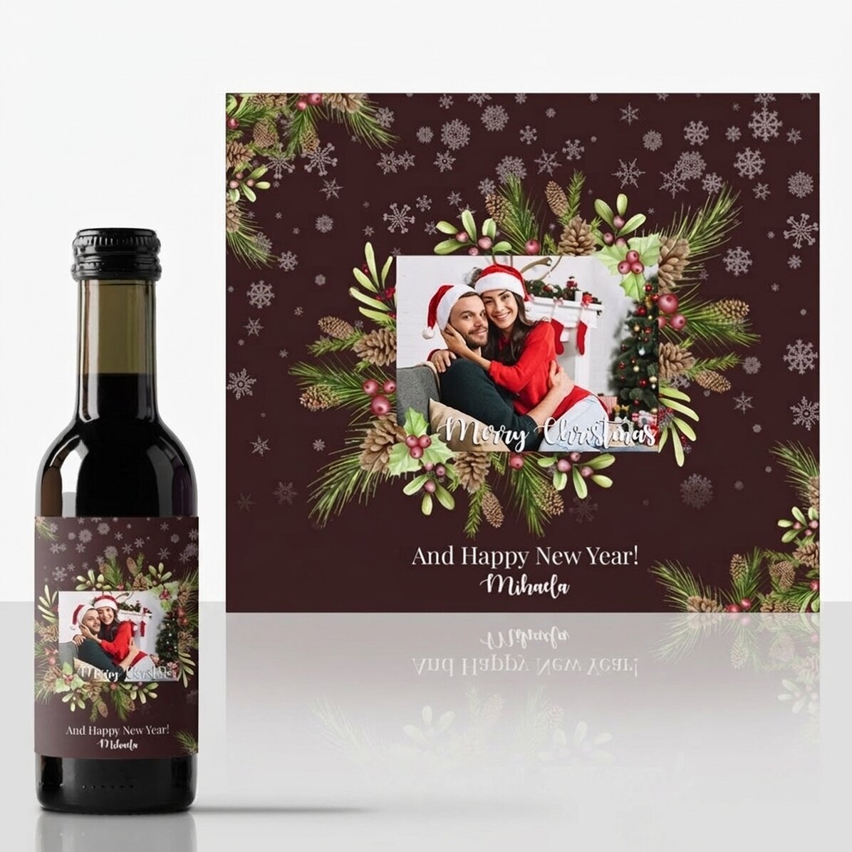 Personalisierte Mini-Weinflasche mit Foto und Text – Weihnachtsdekoration
