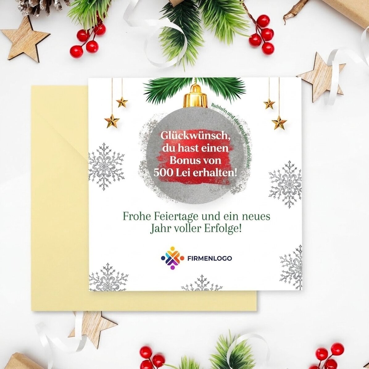 Individuell gestaltete Rubbelkarte mit Logo und Botschaft – Weihnachtsüberraschung