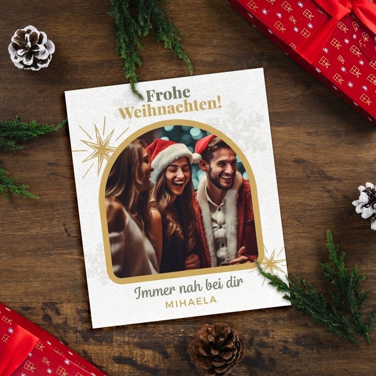 Personalisiertes Foto im Format 10 x 12 cm mit Text und Bild – Snowflakes & Stars