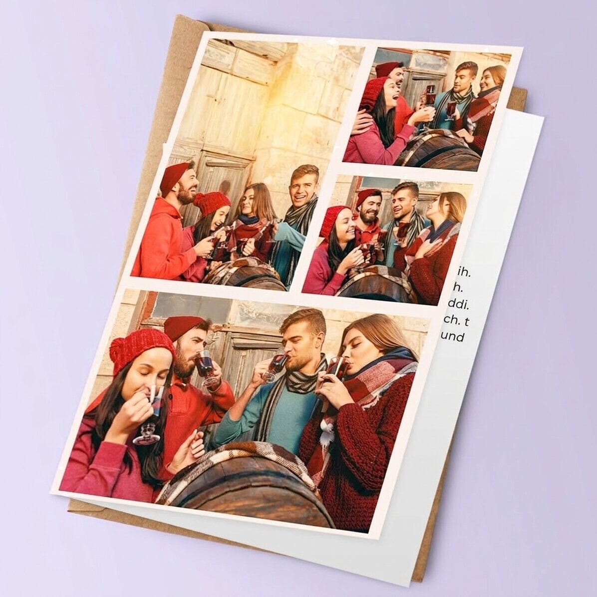 Personalisierte Grußkarte mit 4 Fotos und Text – Weihnachtskranz