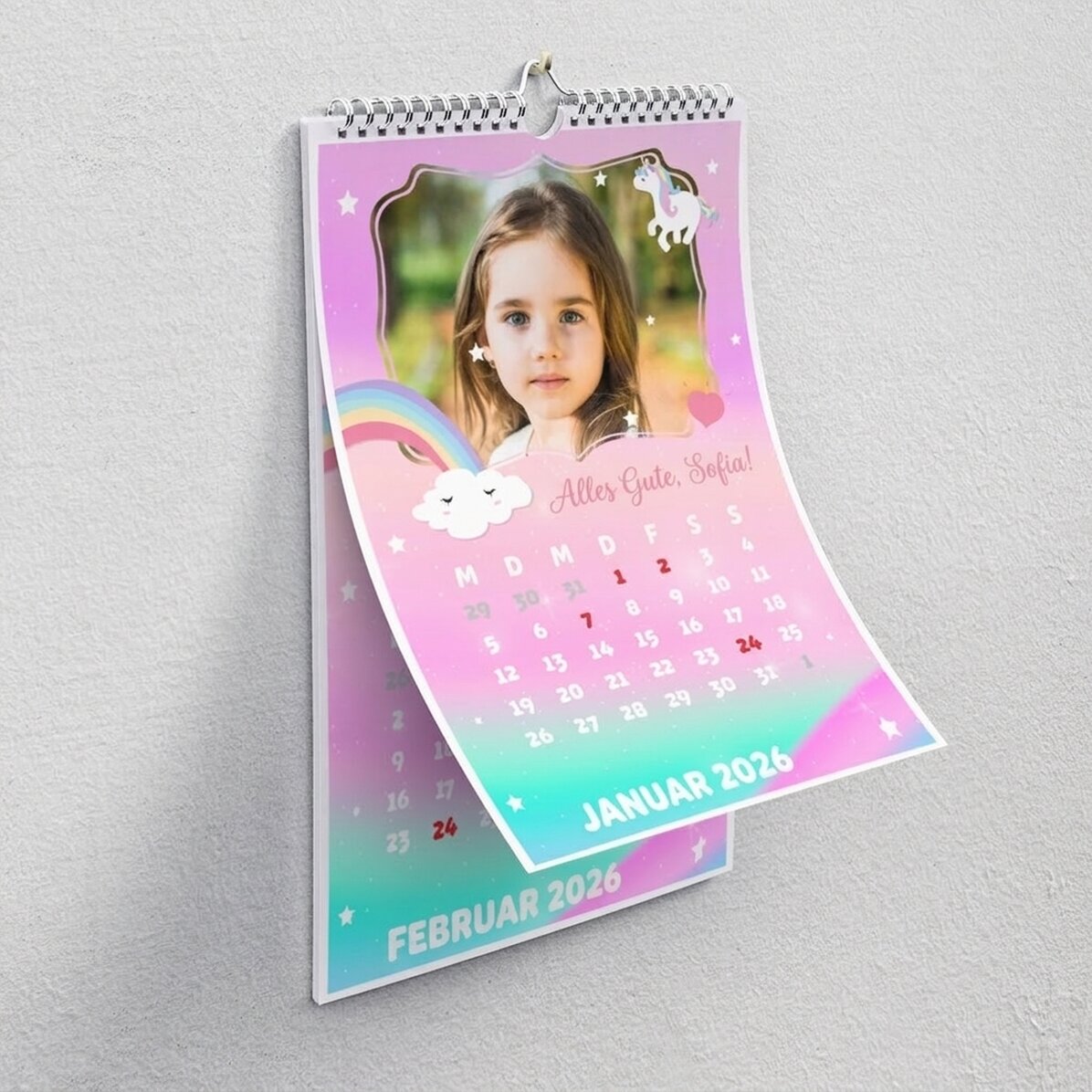 Individuell gestalteter Kalender für Kinder mit Fotos und Text – Einhorn