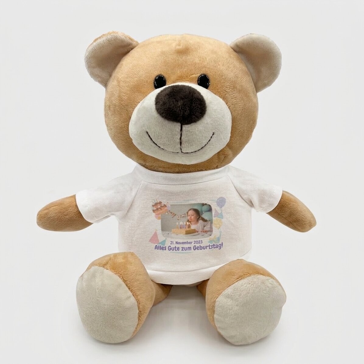 Plus ein personalisierter Teddybär mit Foto und Text – Happy Birthday