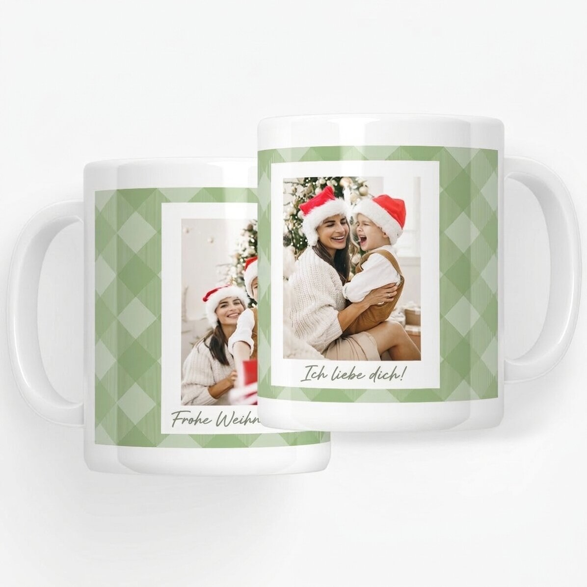 Personalisierte Tasse mit zwei Fotos und Text – Grüne Karos