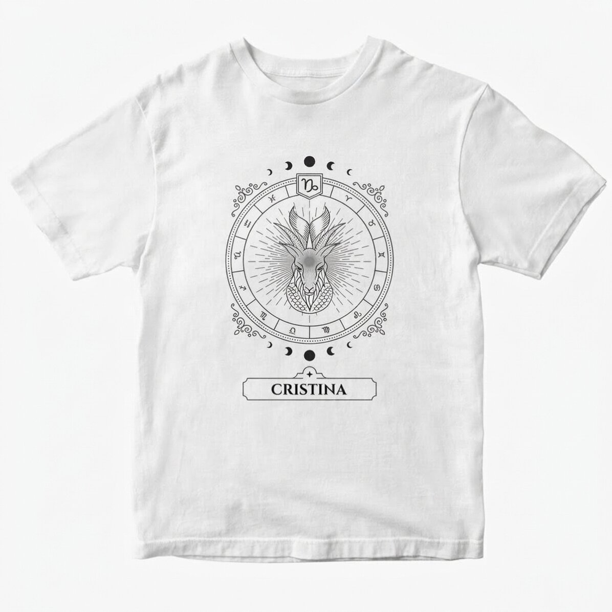 Personalisiertes Baumwoll-T-Shirt mit Namen und Sternzeichen – Steinbock
