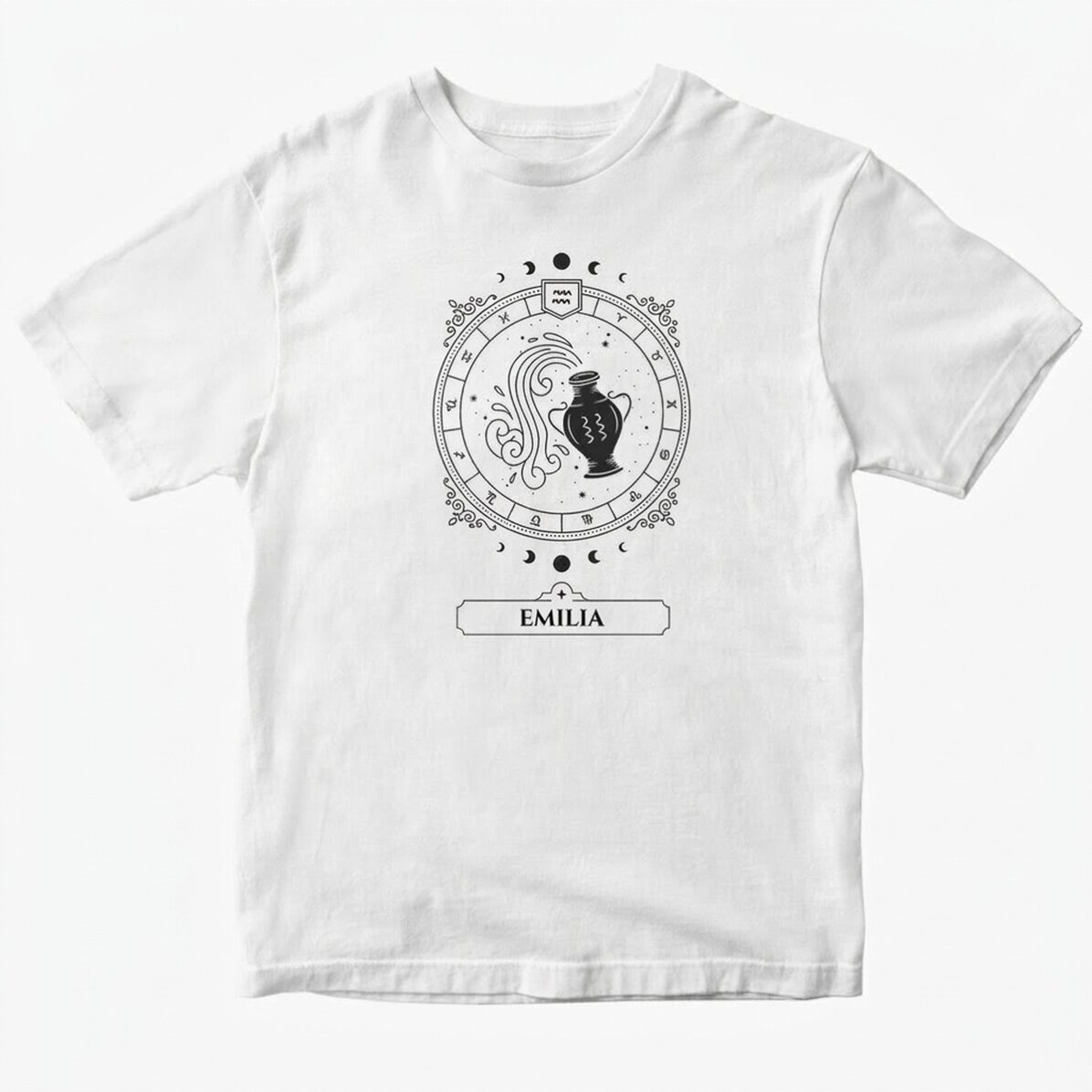 Personalisiertes Baumwoll-T-Shirt mit Namen und Sternzeichen – Wassermann