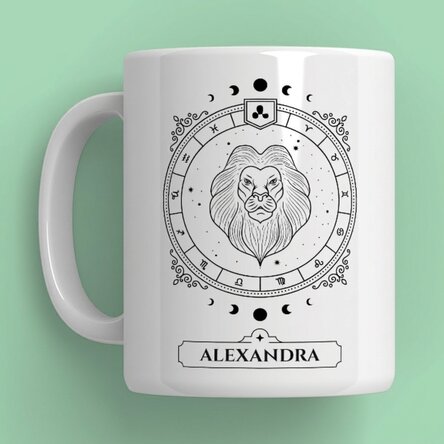 Personalisierte Tasse mit Namen und Sternzeichen – Löwe