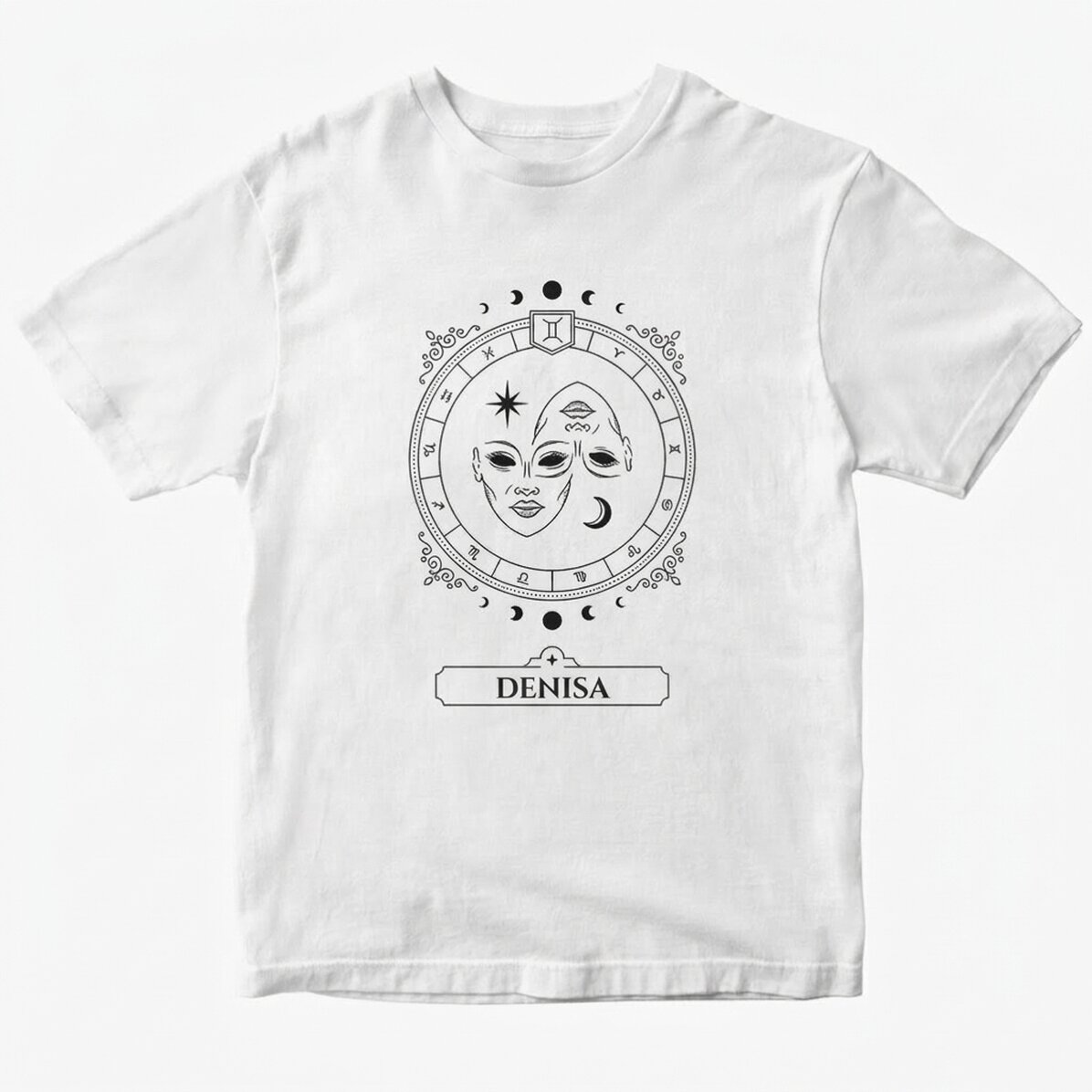 Personalisiertes Baumwoll-T-Shirt mit Namen und Sternzeichen – Zwillinge
