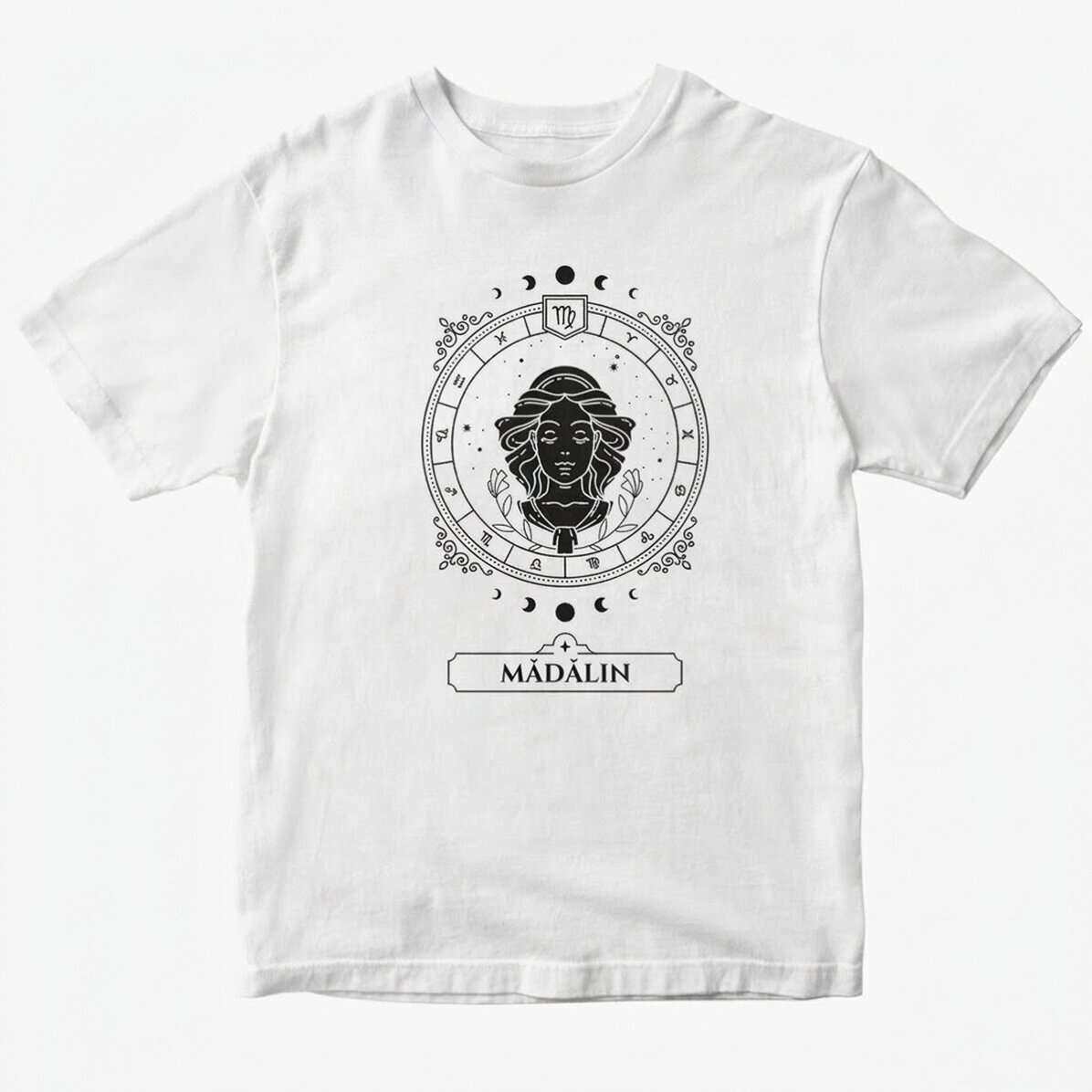 Personalisiertes Baumwoll-T-Shirt mit Namen und Sternzeichen – Jungfrau