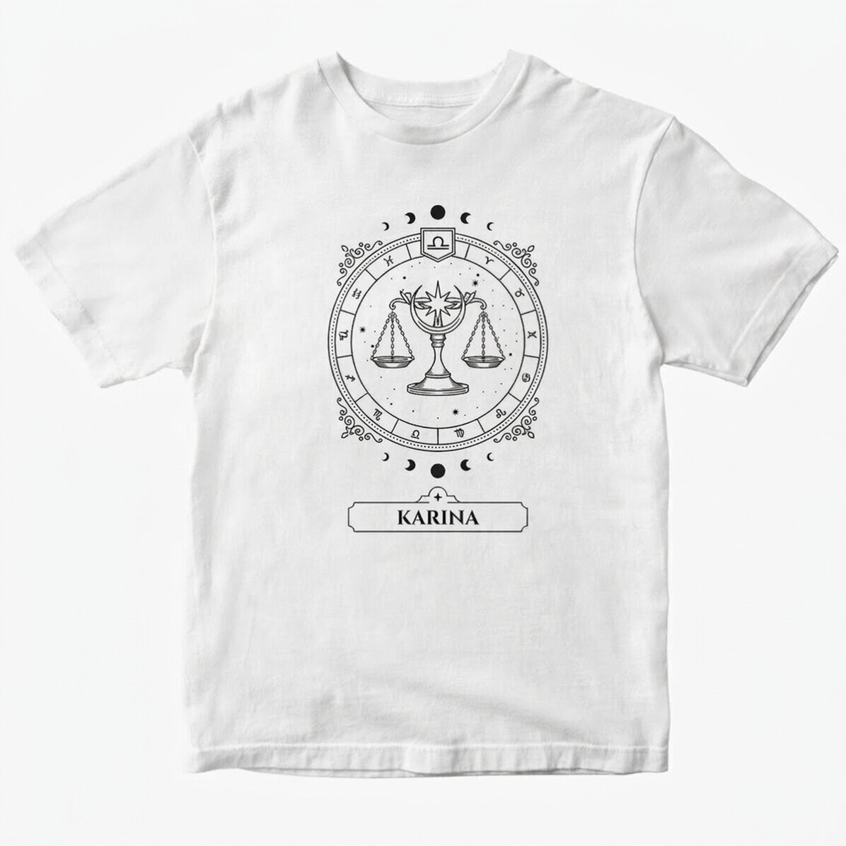 Personalisiertes Baumwoll-T-Shirt mit Namen und Sternzeichen – Waage