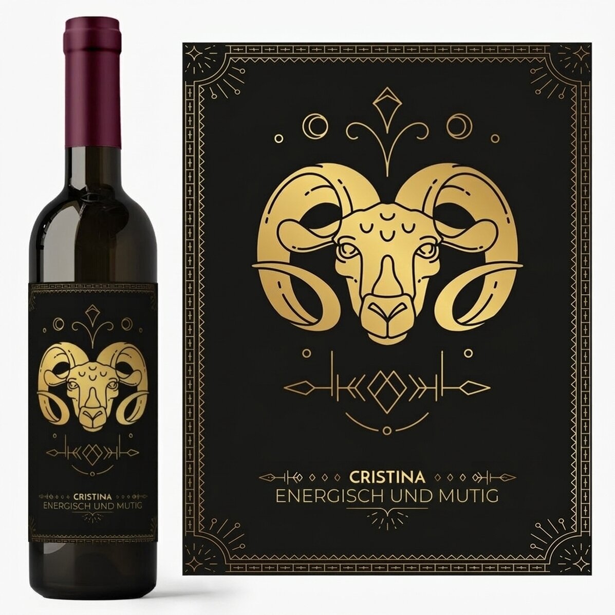 Personalisierter Wein mit Text und Sternzeichen – Widder