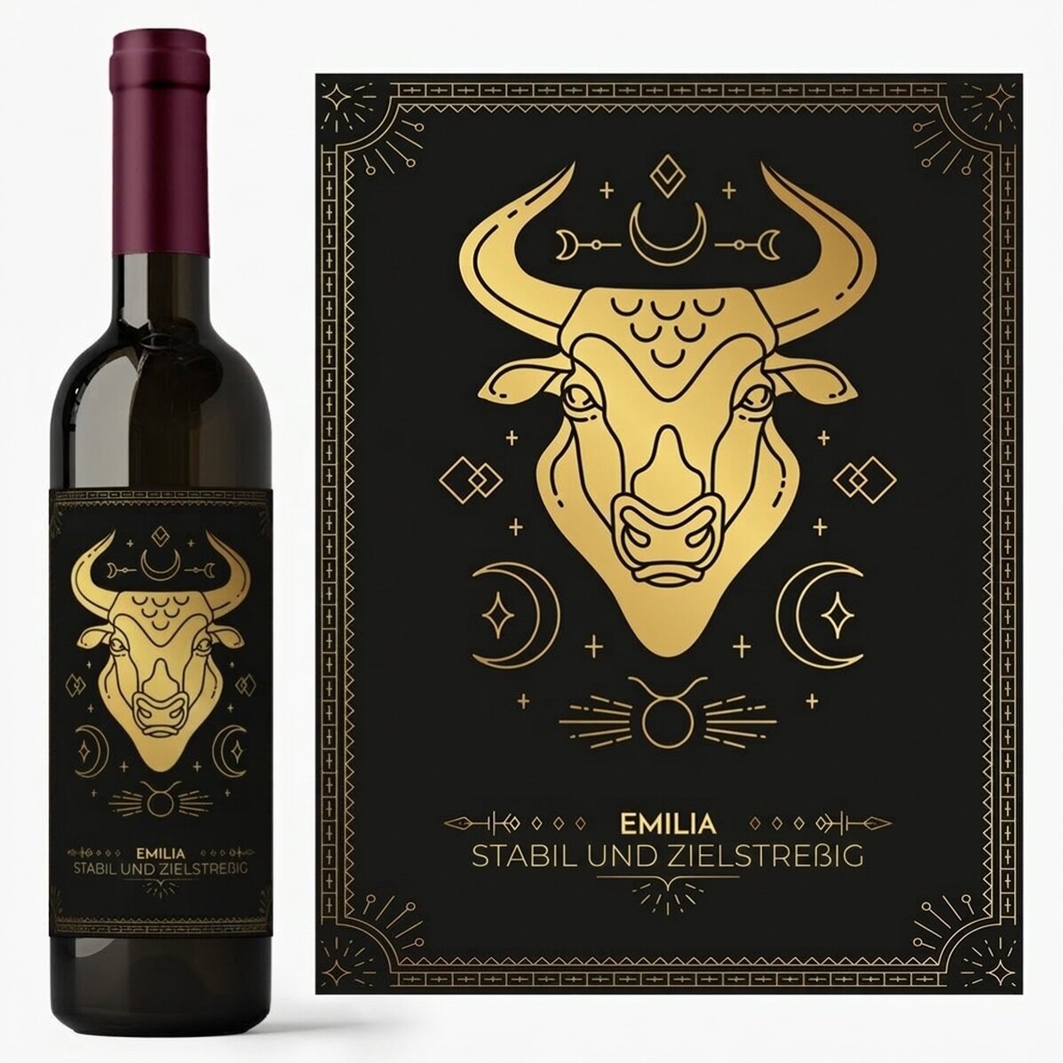 Personalisierter Wein mit Text und Sternzeichen – Stier