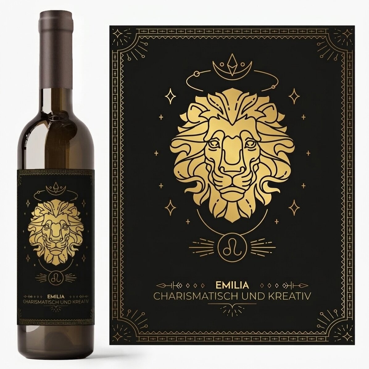 Personalisierter Wein mit Text und Sternzeichen – Löwe