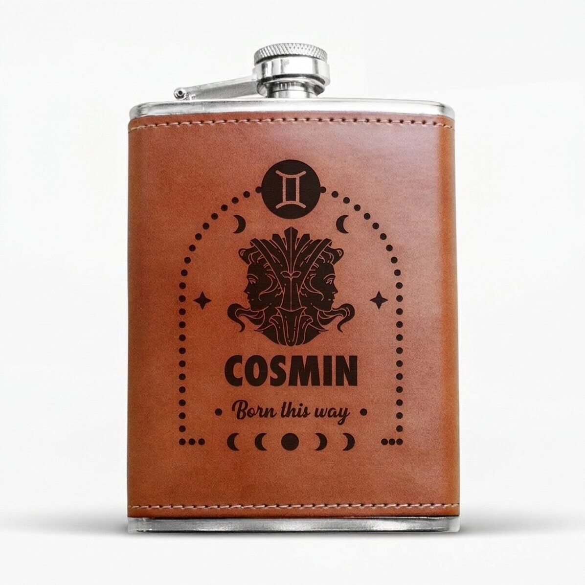 Mit Leder ummantelte Taschenflasche, individuell gestaltet mit Text und Sternzeichen – Zwillinge