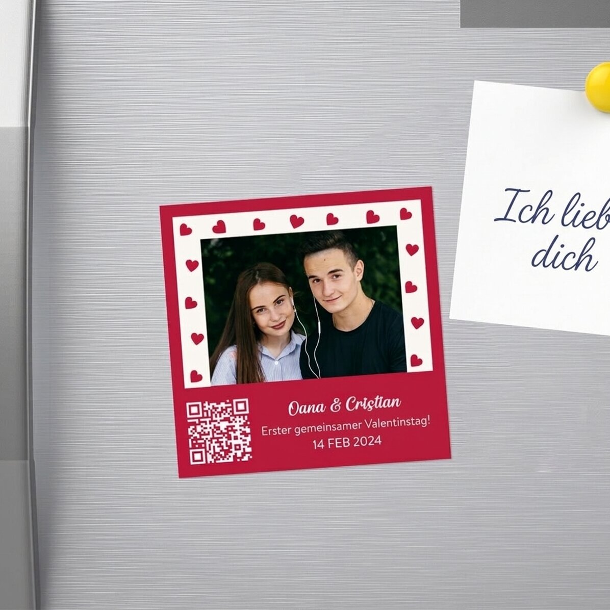 Individuell gestalteter Magnet (10 x 10) mit Foto, Botschaft und QR-Code